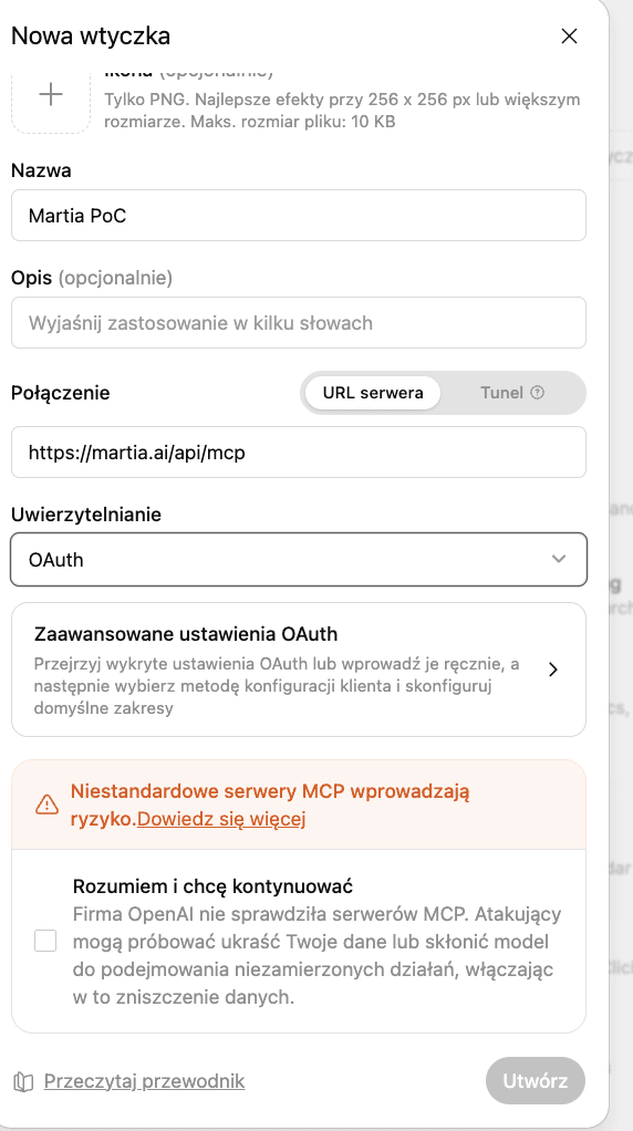 Fereastra de plugin nou din ChatGPT, cu adresa serverului Martia și OAuth selectat